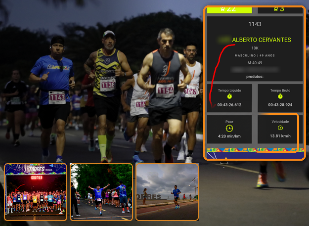 Registro da prova de 10 km com pace de 4 minutos e 22 segundos por quilômetro